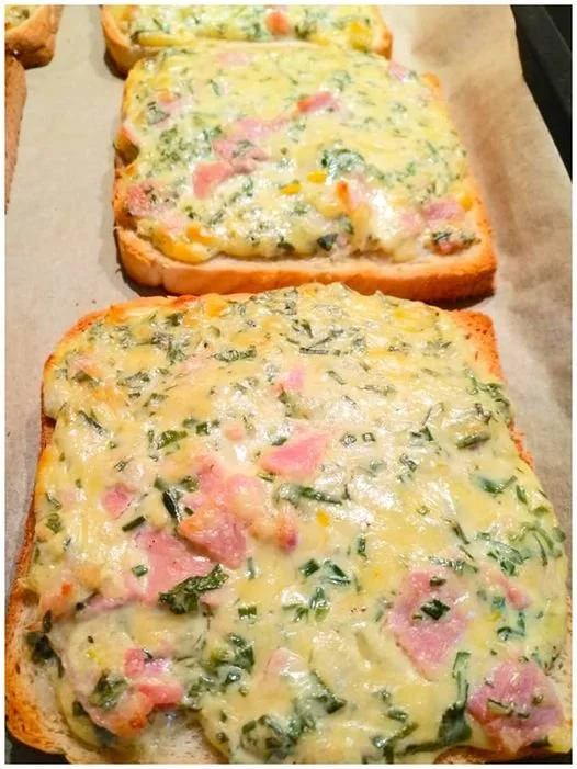 Flammkuchen Toast mit Käse auf einem Teller serviert