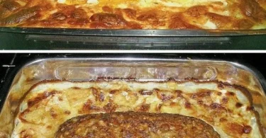 Fleischlaib mit Kartoffeln in sahniger Sauce serviert auf einem Teller
