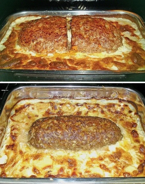 Fleischlaib mit Kartoffeln in sahniger Sauce serviert auf einem Teller