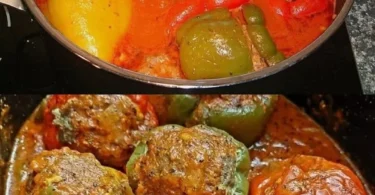 Gefüllte Paprika mit Hackfleisch auf einem Teller serviert.
