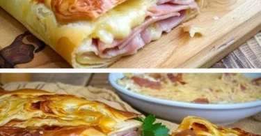 Gefüllter Blätterteigstrudel mit Schinken und Käse auf einem Teller