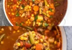 Schüssel mit köstlicher Gemüse-Hackfleisch-Suppe auf einem Holztisch