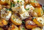 Geröstete Kartoffeln mit gebackenem Feta und Knoblauch auf einem Teller.