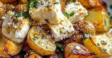 Geröstete Kartoffeln mit gebackenem Feta und Knoblauch auf einem Teller.