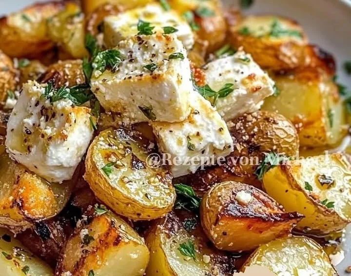 Geröstete Kartoffeln mit gebackenem Feta und Knoblauch auf einem Teller.