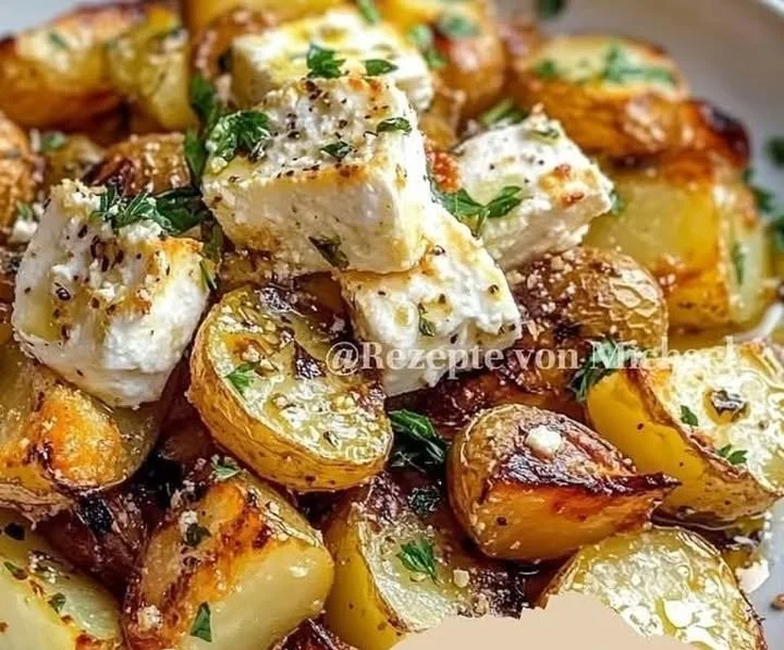 Geröstete Kartoffeln mit gebackenem Feta und Knoblauch