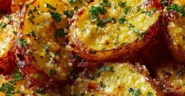 Geröstete Knoblauch-Butter-Parmesan-Kartoffeln auf einem Teller serviert