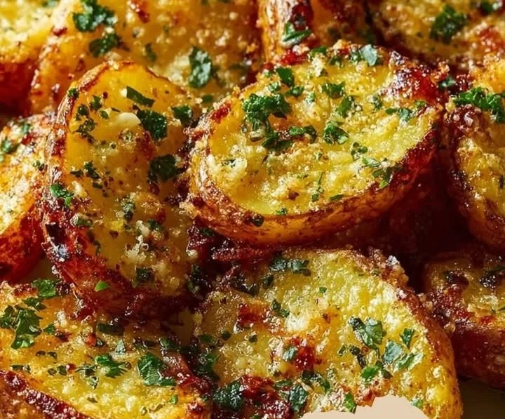 Geröstete Knoblauch-Butter-Parmesan-Kartoffeln auf einem Teller serviert