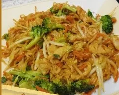 Gewürzte chinesische gebratene Nudeln mit Hühnchen auf einem Teller serviert.