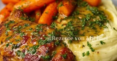 Serviertes goldenes Kräuterhähnchen mit Knoblauchsoße, Kartoffelpüree und Karotten