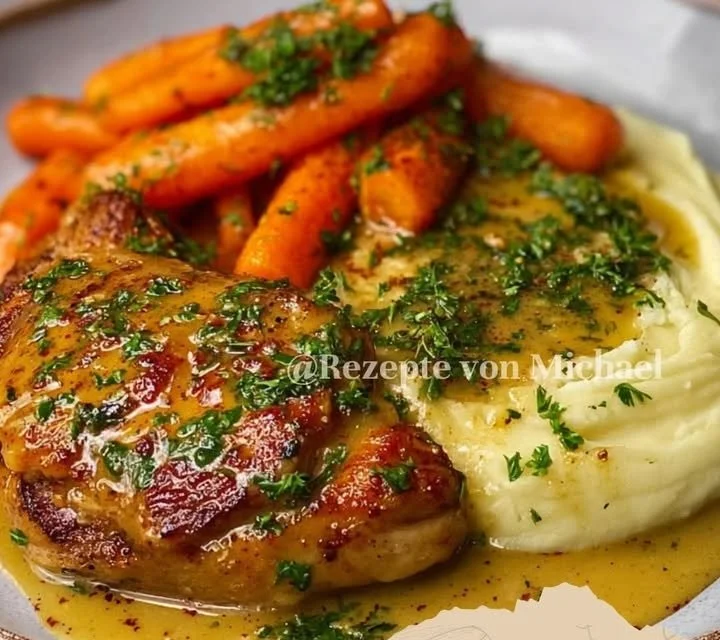 Serviertes goldenes Kräuterhähnchen mit Knoblauchsoße, Kartoffelpüree und Karotten