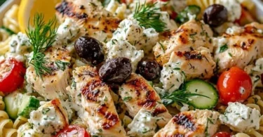 Griechischer Hähnchen-Tzatziki-Pasta-Salat mit frischen Zutaten und Dressing.