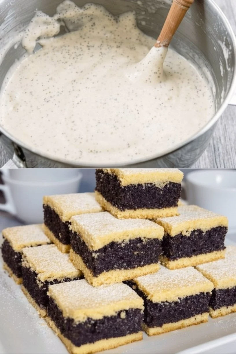Saftiger Großmutters Mohnkuchen mit Mohnfüllung auf einem Teller