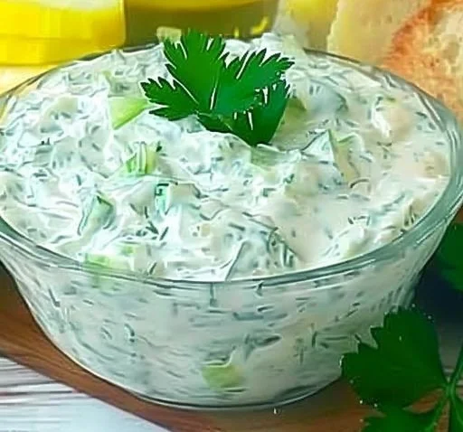Schüssel mit erfrischendem Gurken-Joghurt-Salat und frischen Kräutern