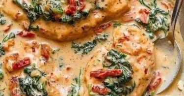 Hähnchenbrust mit Spinat und Parmesan auf einem Teller serviert