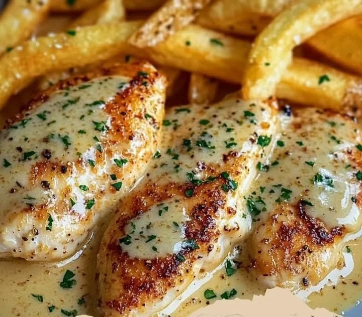 Hähnchenfilet in cremiger Knoblauch-Parmesan-Sauce mit Pommes Frites