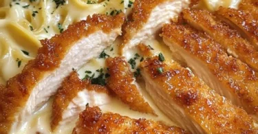 Hähnchenstreifen mit sahniger Pasta-Sauce auf einem Teller angerichtet