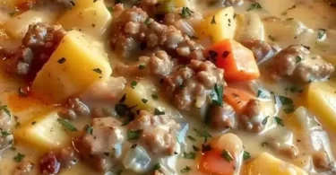 Schüssel Hamburger Suppe mit frischen Kräutern und Gemüse