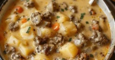 Hamburger Suppe mit Gemüse und Fleisch in einer Schüssel serviert.