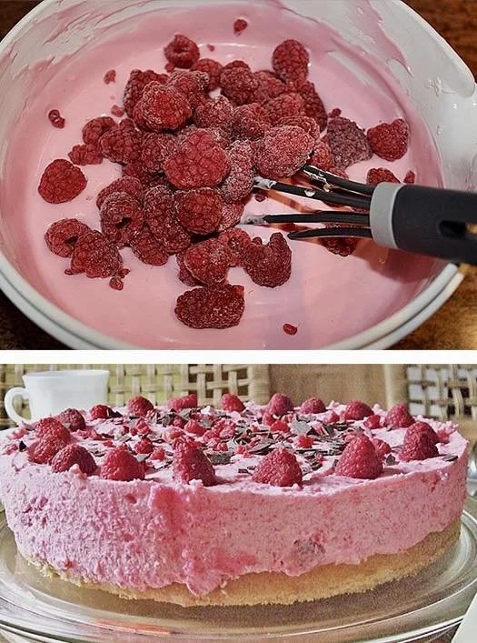 Saftiger Himbeerkuchen mit frischen Himbeeren auf einem weißen Teller