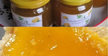 Ein Glas selbstgemachtes Holunderblütengelee mit frischen Holunderblüten.
