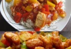 Hühnchen mit Ananas und Paprika auf einem Teller serviert.