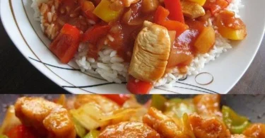 Hühnchen mit Ananas und Paprika auf einem Teller serviert.