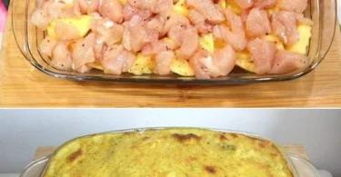Leckeres Kartoffel-Hähnchen-Gratin aus frischen Zutaten, serviert in einer Quiche-Form.
