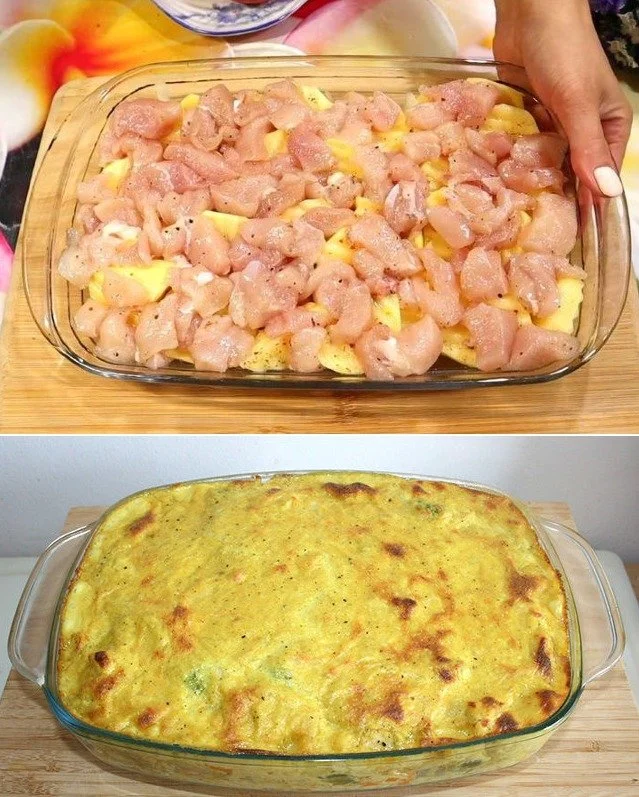 Leckeres Kartoffel-Hähnchen-Gratin aus frischen Zutaten, serviert in einer Quiche-Form.
