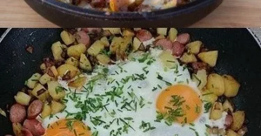 Kartoffel-Käse-Pfanne mit Ei auf einem Teller angerichtet