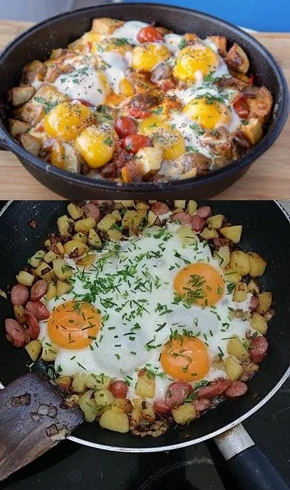 Kartoffel-Käse-Pfanne mit Ei auf einem Teller angerichtet