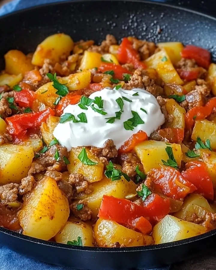 Leckere Kartoffel-Paprika-Pfanne mit Hackfleisch und Crème Fraîche