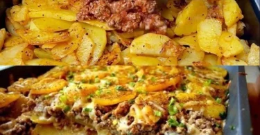 Kartoffelauflauf mit Hackfleisch und Curry-Käsesauce auf einem Teller angerichtet.