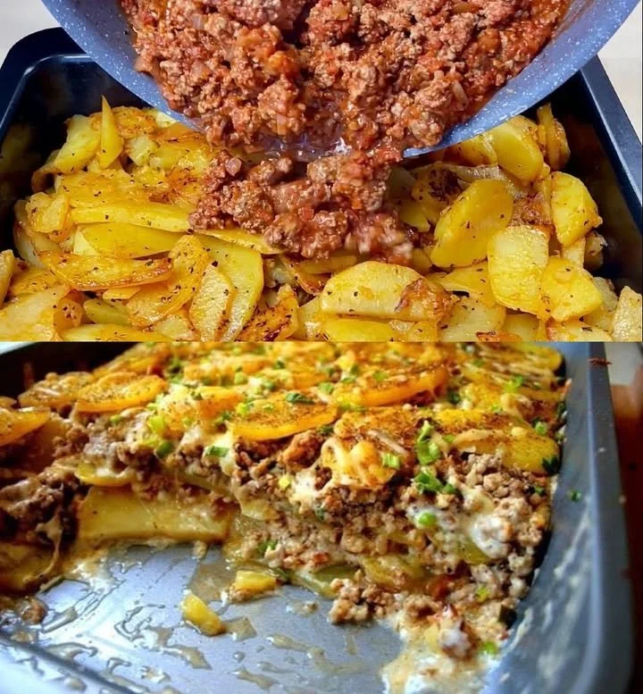 Kartoffelauflauf mit Hackfleisch und Curry-Käsesauce