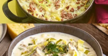 Käse-Lauch-Suppe mit Hackfleisch in einer Schüssel serviert.