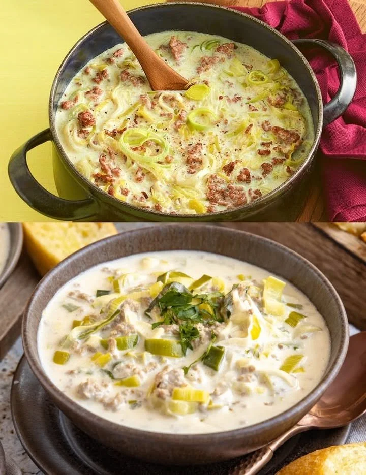 Käse-Lauch-Suppe mit Hackfleisch in einer Schüssel serviert.