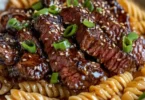 Klebriges Honig-Knoblauch-Steak serviert mit Rotini-Pasta auf einem Teller