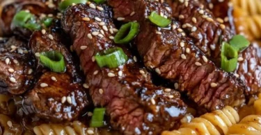 Klebriges Honig-Knoblauch-Steak serviert mit Rotini-Pasta auf einem Teller
