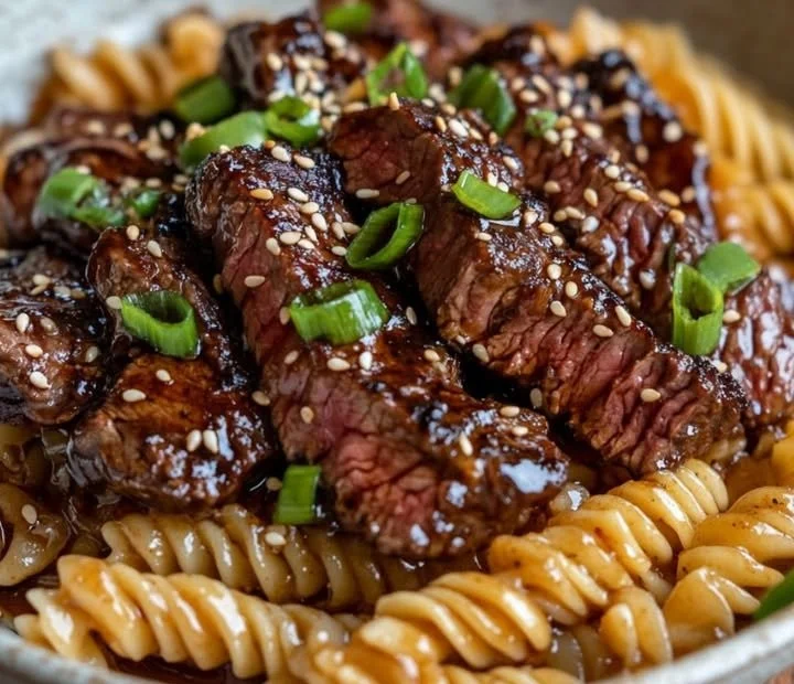 Klebriges Honig-Knoblauch-Steak und Rotini