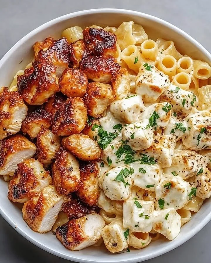Knoblauchbutter-Hähnchenbissen serviert mit Parmesan-Pasta auf einem Teller.