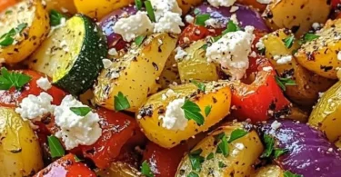 Knusprige Feta-Kartoffeln mit buntem Ofengemüse auf einem Teller serviert.