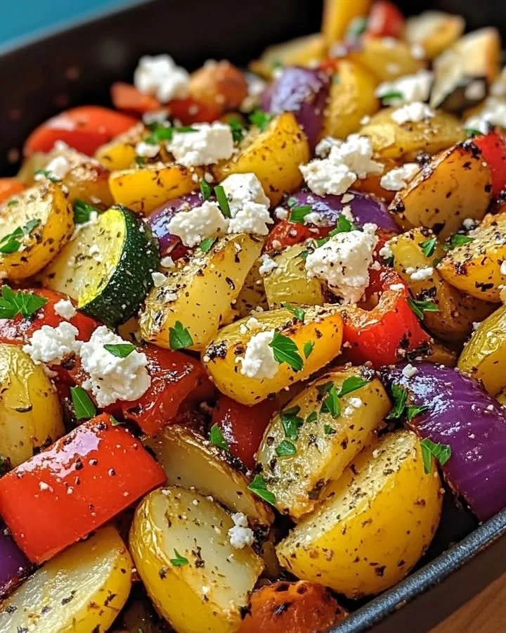Knusprige Feta-Kartoffeln mit buntem Ofengemüse auf einem Teller serviert.