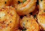 Knusprige Knoblauch-Parmesan-Garnelen aus der Heißluftfritteuse auf einem Teller.