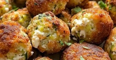 Knusprige Zucchini-Feta-Bällchen frisch aus dem Ofen auf einem Teller serviert.