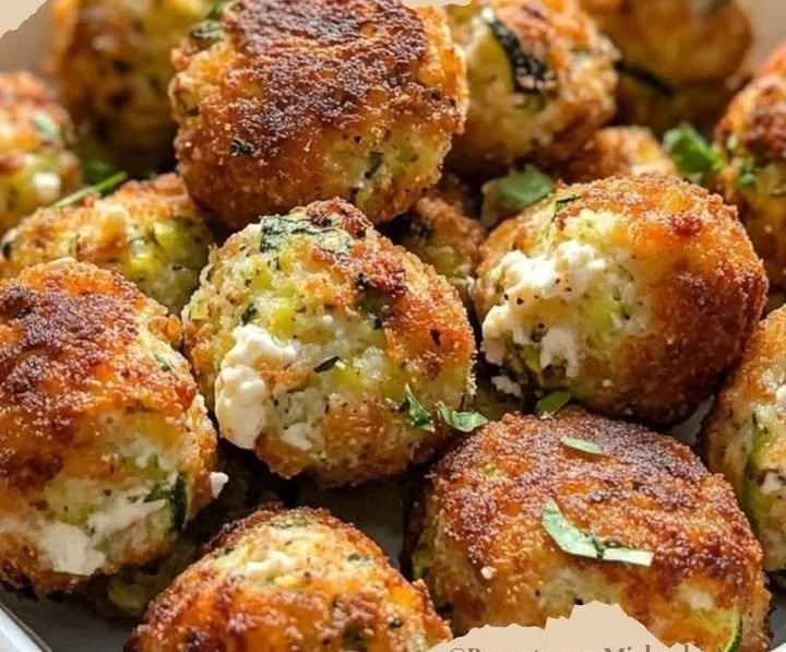 Knusprige Zucchini-Feta-Bällchen frisch aus dem Ofen auf einem Teller serviert.