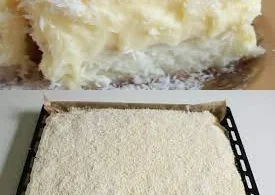 Saftiger Kokosnusskuchen mit frischen Kokosraspeln und cremigem Belag.