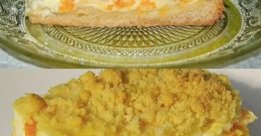 Krümelkuchen mit Mandarinen und saurer Sahne auf einem Teller serviert