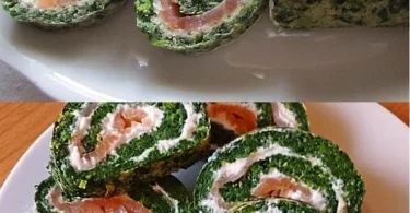 Lachs-Spinat-Rolle auf einem festlichen Teller angerichtet