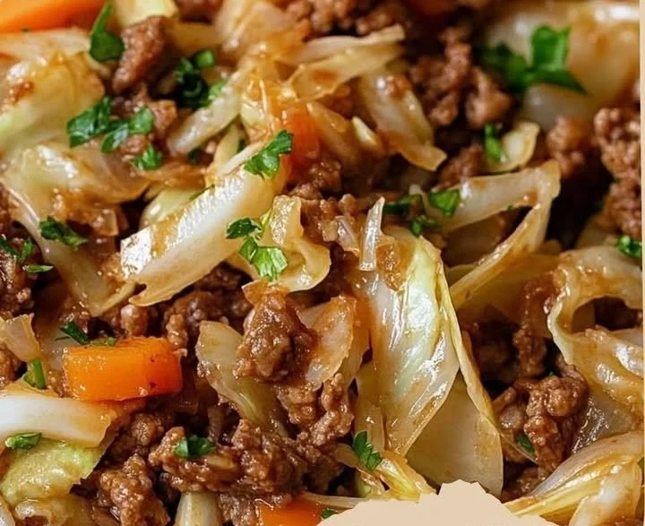 Gesunde Hackfleisch-Kohl-Pfanne mit frischen Zutaten auf einem Teller