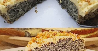 Mohnkuchen mit Sahne und Haselnuss auf einem Teller serviert